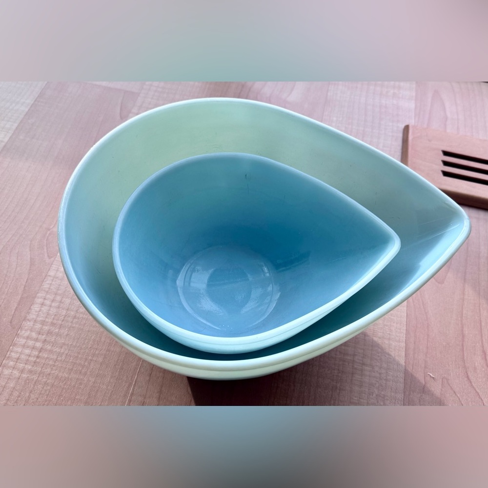 2 vintage Fire-King Blue Nesting Bowls, teardrop shaped, vintage MCM
